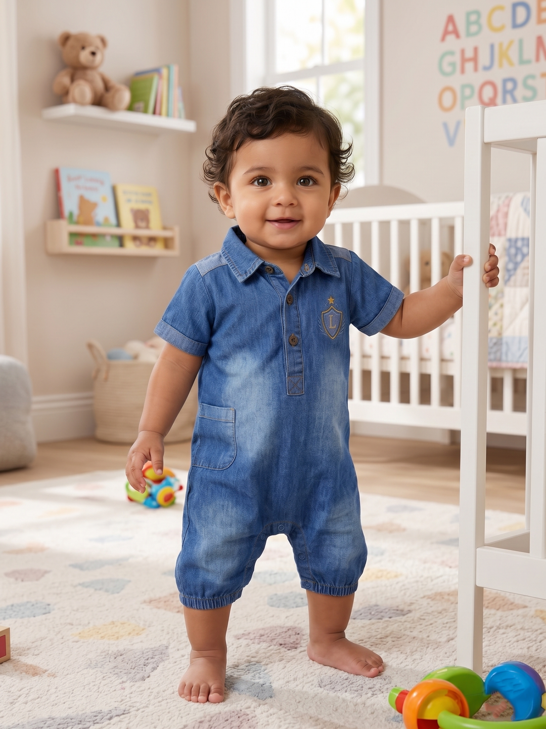 Preppy Crest Denim Romper
