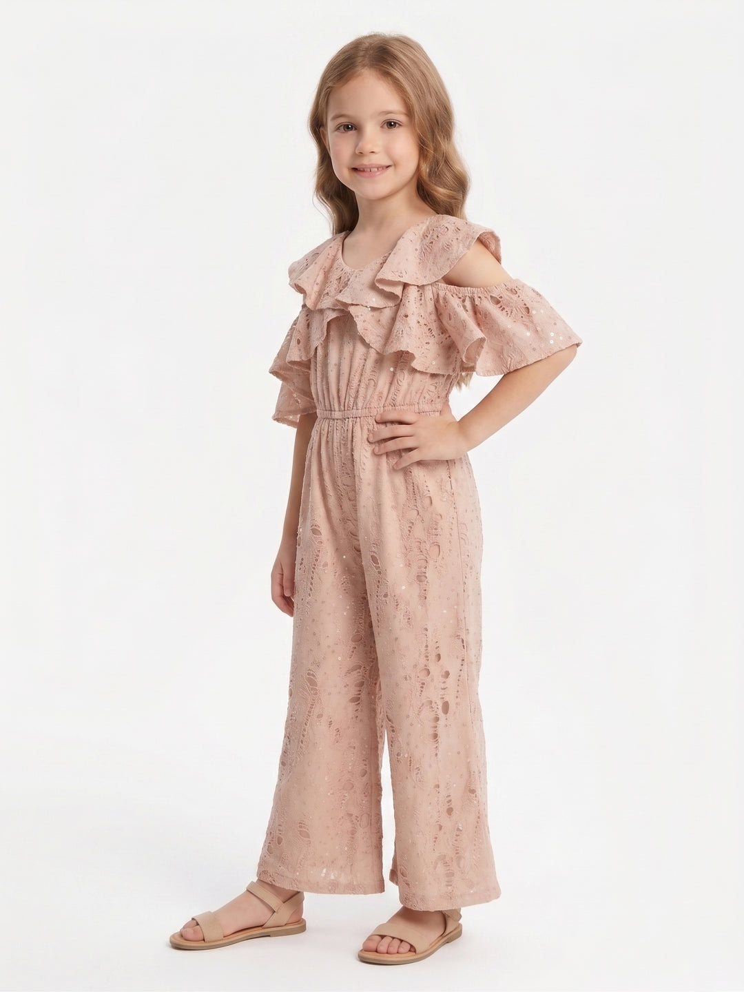Girls' Cold-Shoulder Ruffle Jumpsuit with Sequins