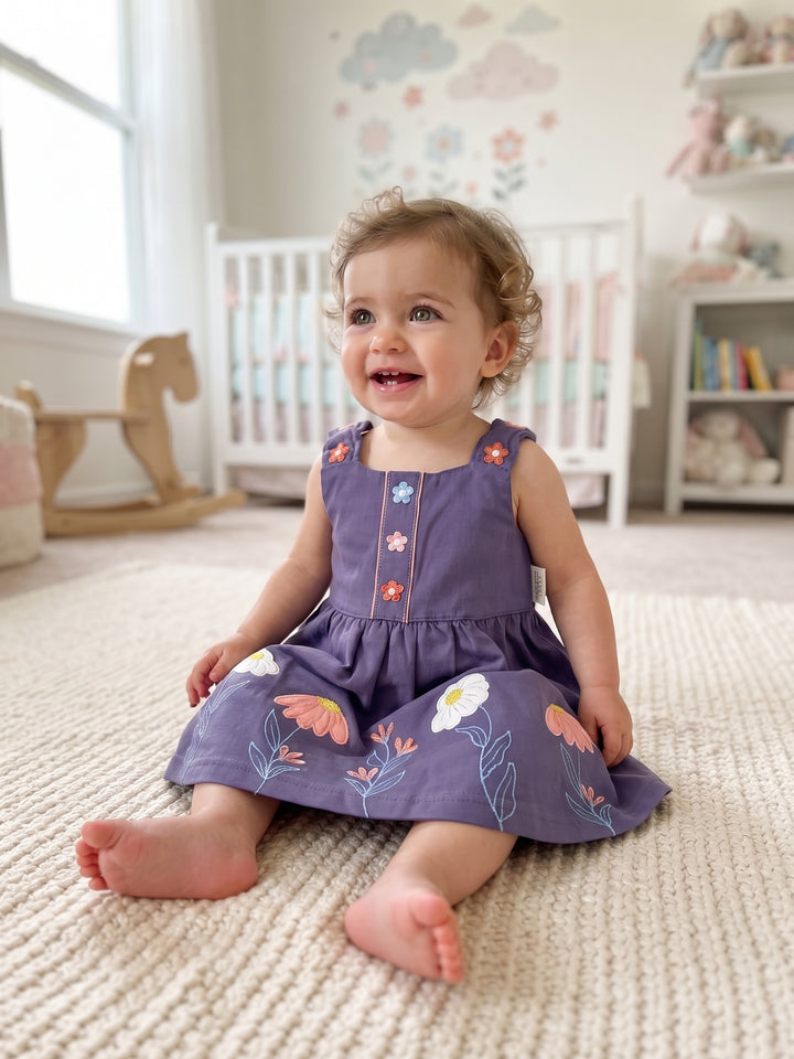 Dusty Purple Floral Embroidered Baby Pinafore Dress