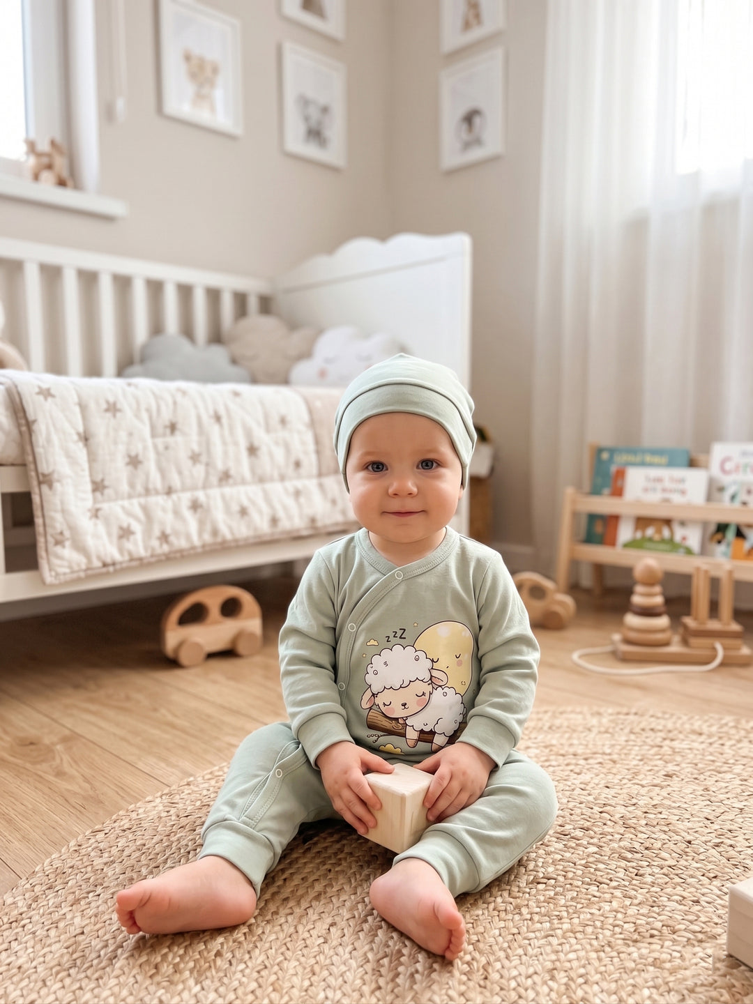 Sweet Dreams Mint Lamb Romper & Beanie Set