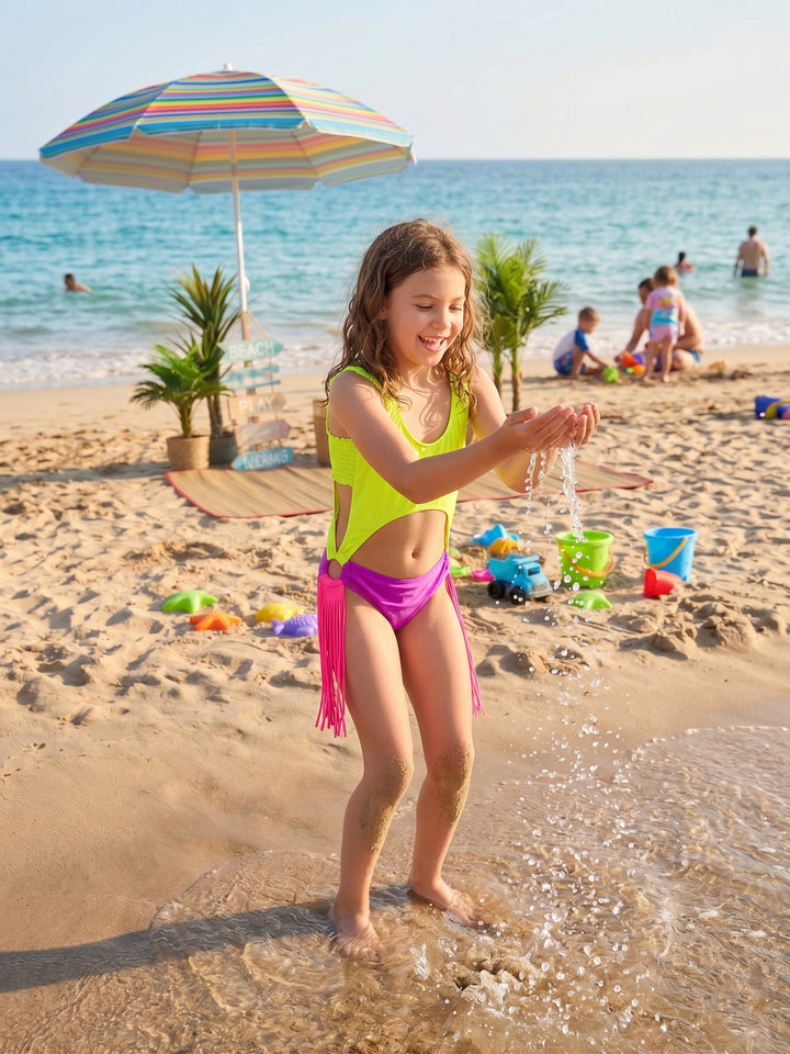 Girls' Neon Cut-Out Fringe Monokini Swimsuit