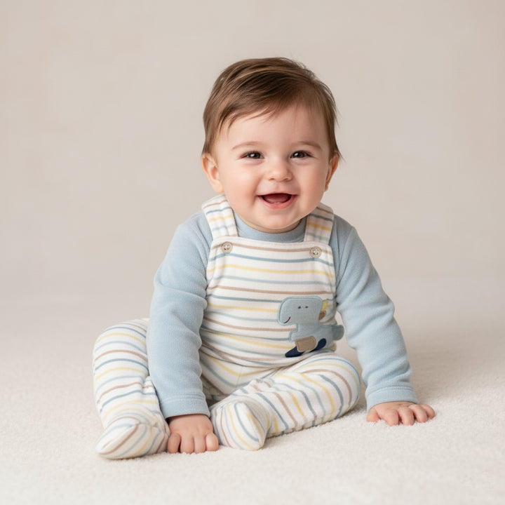 Striped Dinosaur Footed Overalls Set