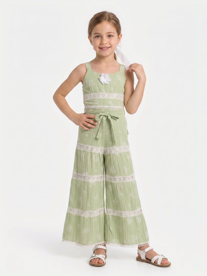 Girls' Elegant Lace-Detail Summer Crop Top and Pants Set
