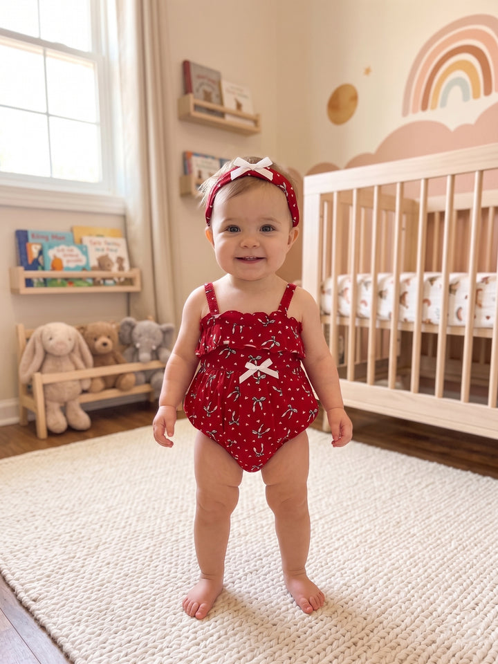 Ruffled Red Floral Bubble Romper with Matching Headband