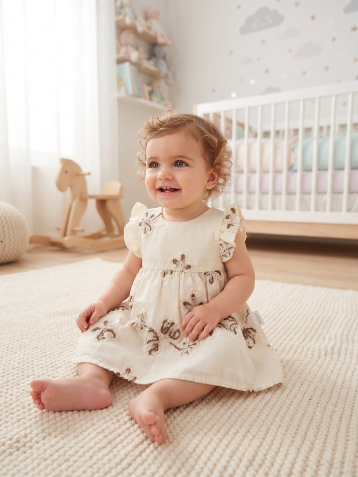 Vintage Floral Embroidered Baby Dress - Cream & Mocha