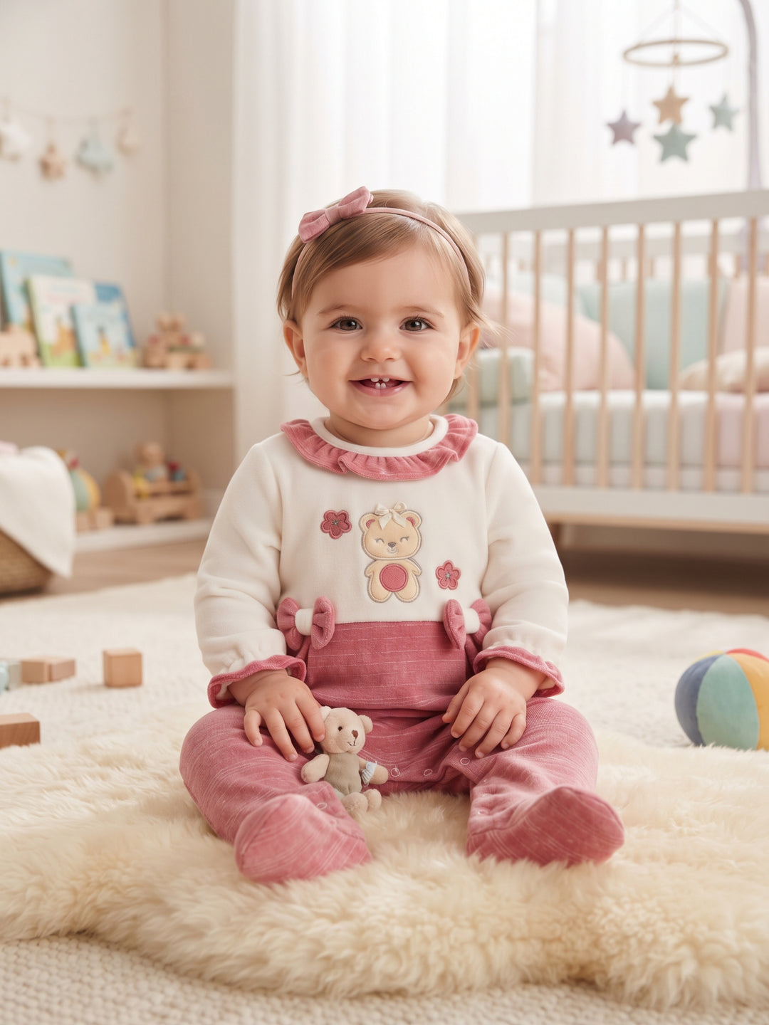 Cozy Ruffle Collar Bear Embroidered Baby Footed Sleepsuit
