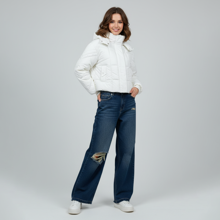 High Neck Hooded Puffer Jacket Look