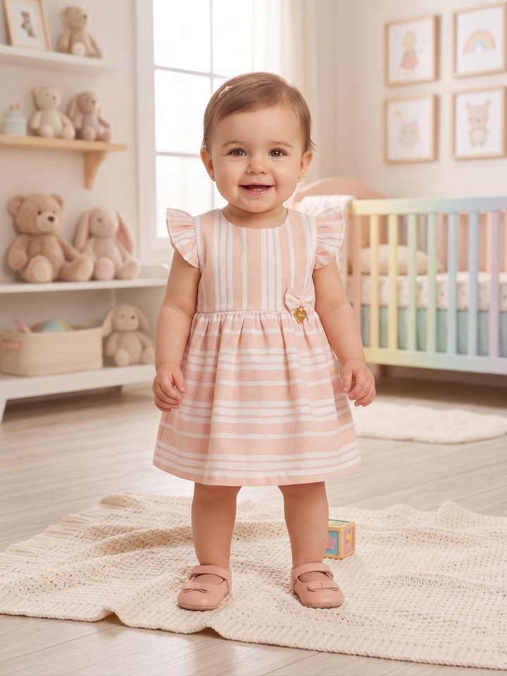 Baby Girls' Flutter-Sleeve Striped Linen Dress