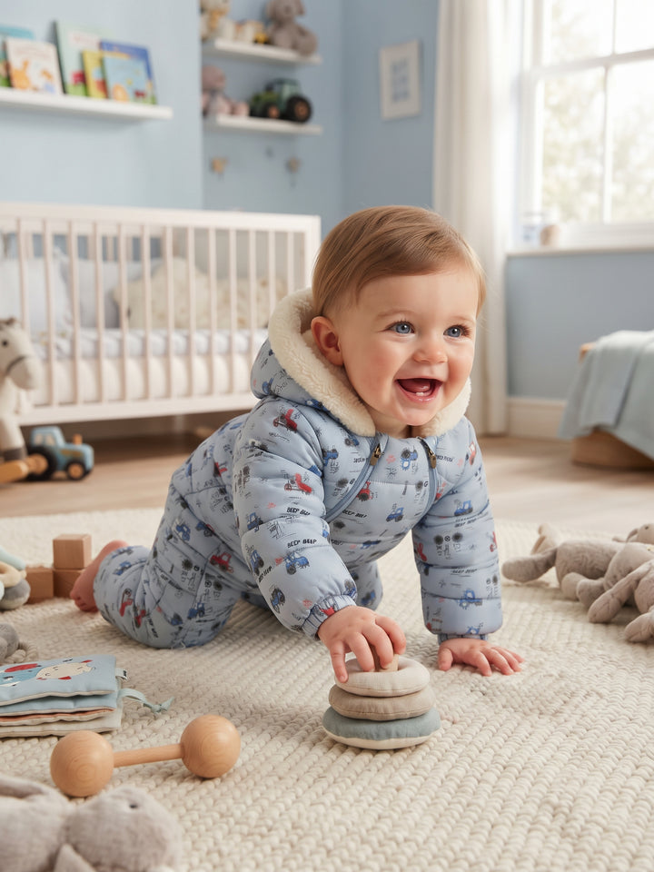 Tractor Print Dual-Zip Baby Snowsuit