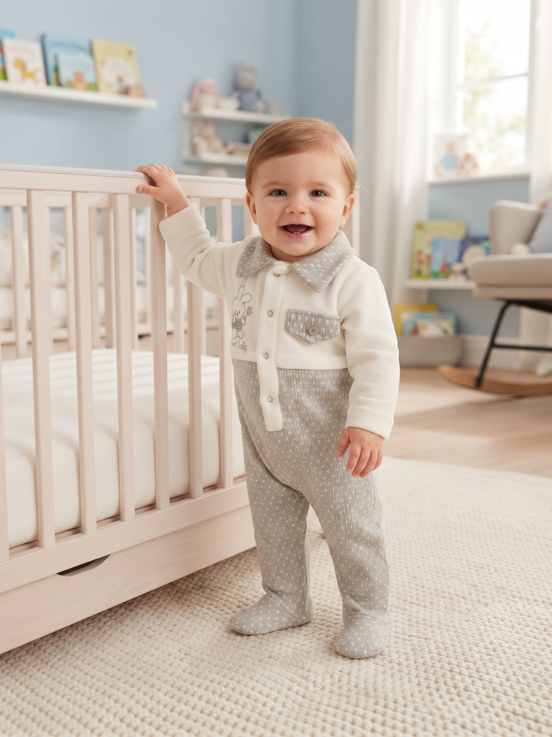 Cozy Bunny Embroidered Baby Footed Sleepsuit