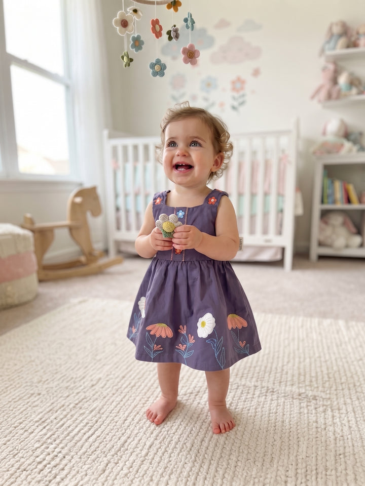 Dusty Purple Floral Embroidered Baby Pinafore Dress