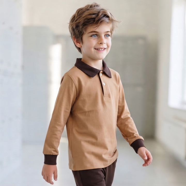 100% Cotton Beige Long-Sleeve Polo Shirt with Dark Brown Collar
