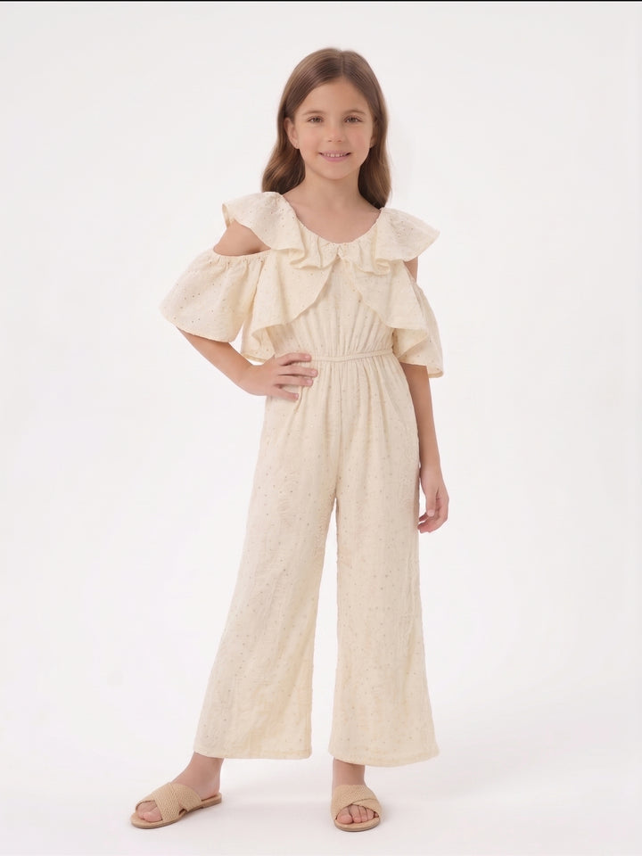 Girls' Cold-Shoulder Ruffle Jumpsuit with Sequins