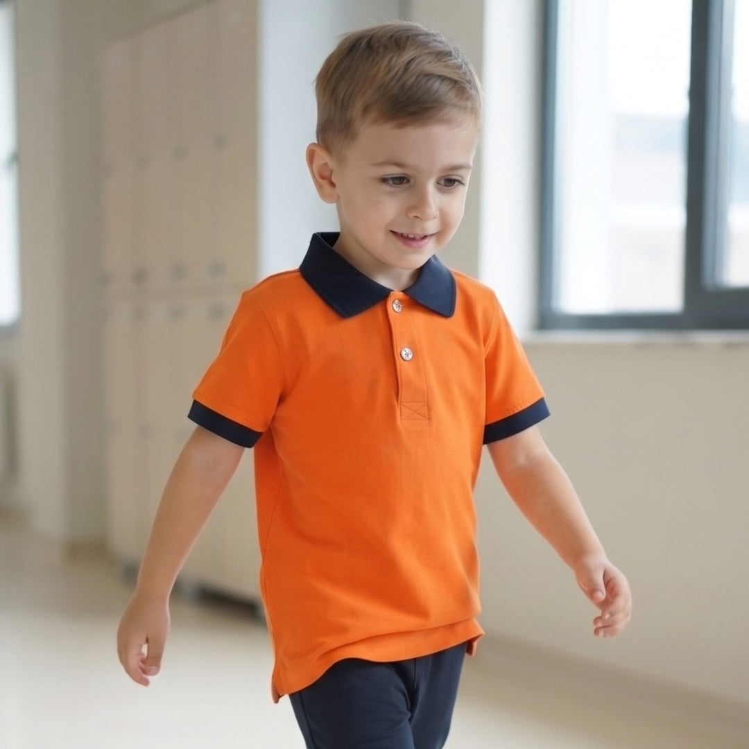 100% Cotton Orange Short-Sleeve Polo Shirt with Navy Blue Collar (