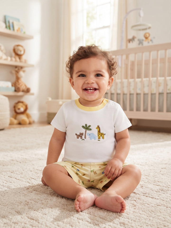 Baby Boy Safari Animals Embroidered T-Shirt & Shorts 2-Piece Set