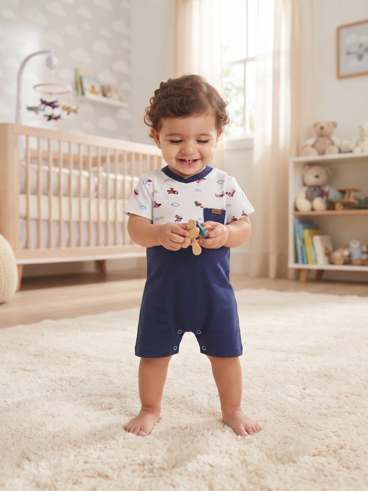 Baby Boy Airplane Colorblock Shortall Romper