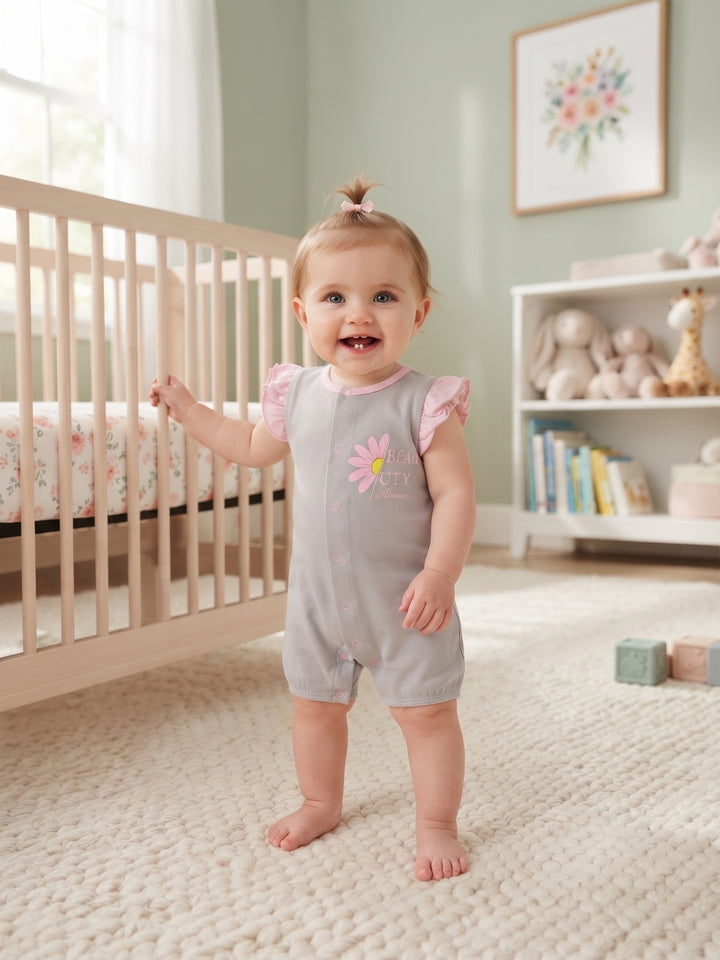 Baby Girl Daisy Print Side-Snap Flutter Sleeve Romper - Heather Grey