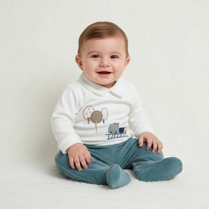 Train & Trees Collar Top with Footed Pants Set