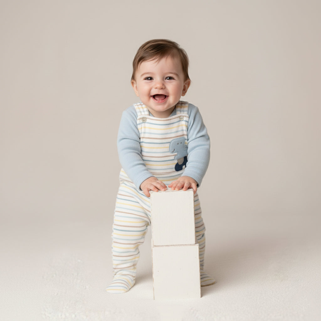 Striped Dinosaur Footed Overalls Set