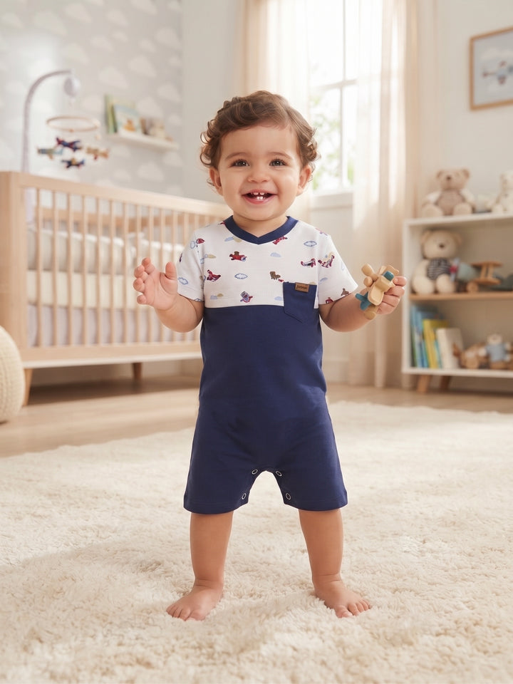 Baby Boy Airplane Colorblock Shortall Romper