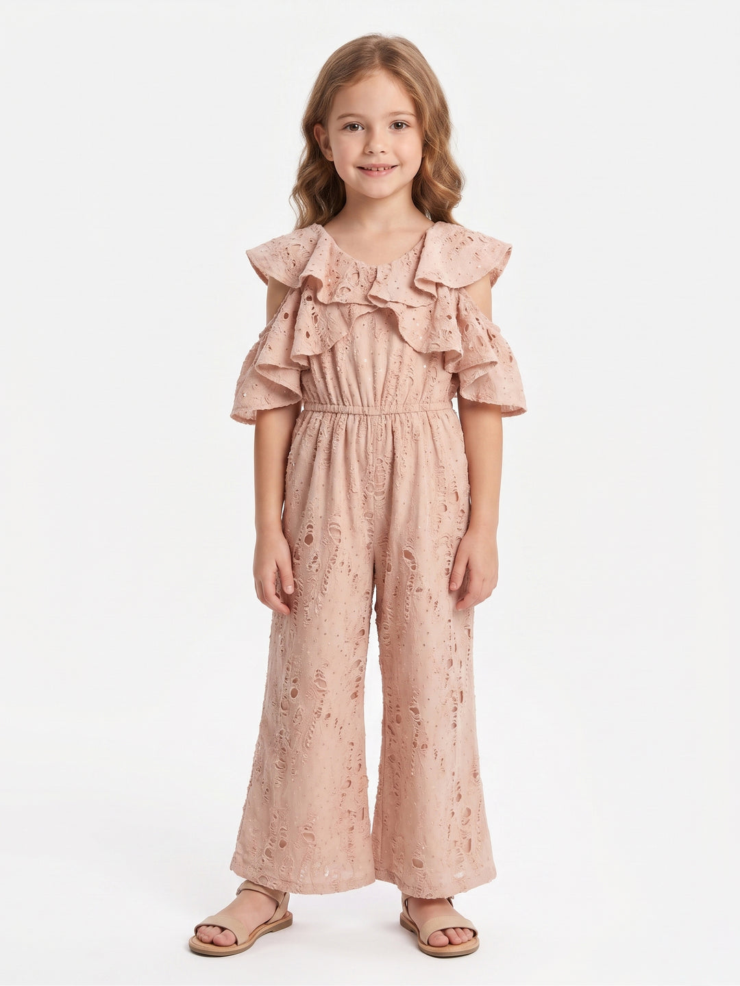 Girls' Cold-Shoulder Ruffle Jumpsuit with Sequins