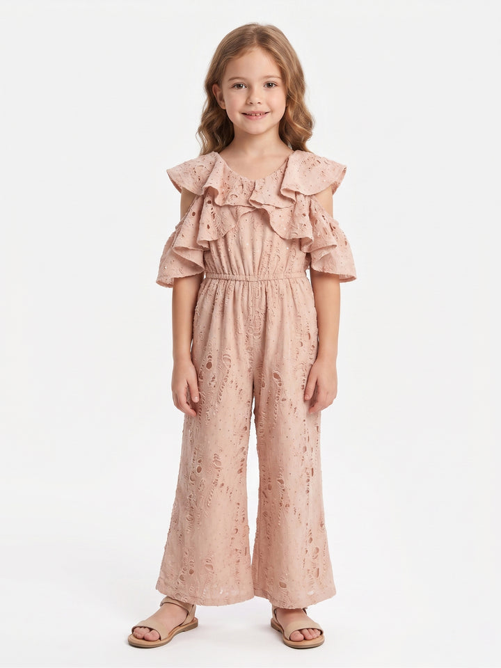 Girls' Cold-Shoulder Ruffle Jumpsuit with Sequins