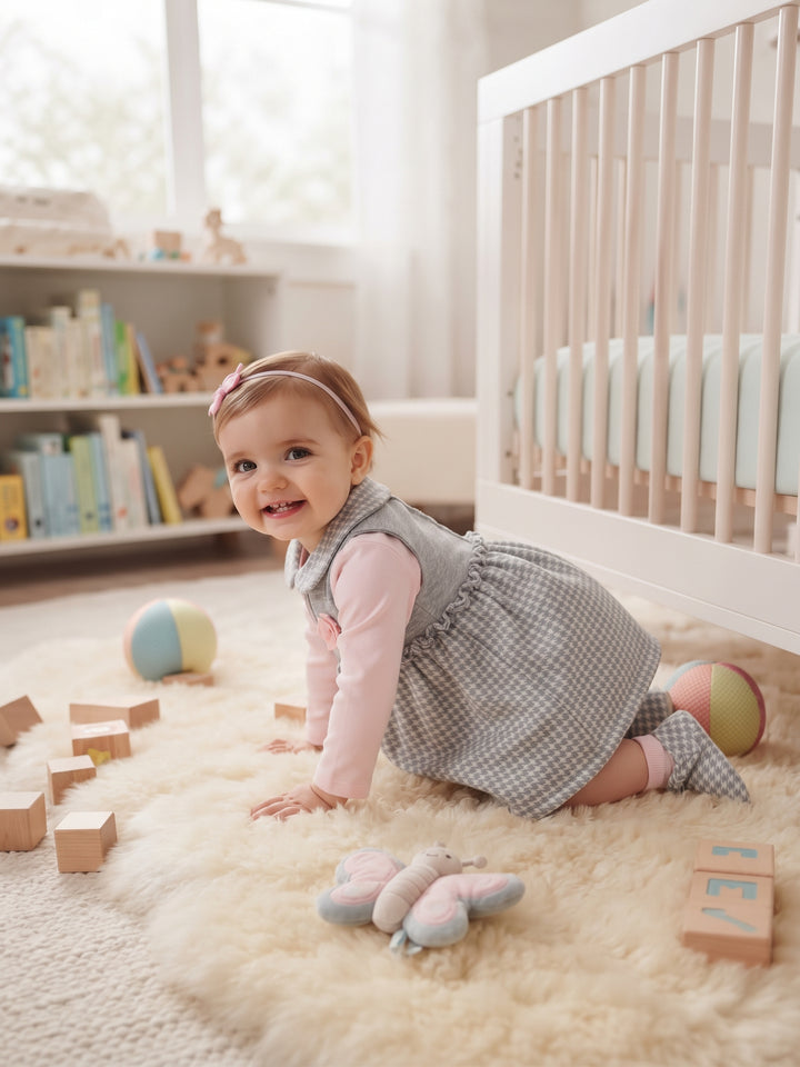 Elegant Grey Houndstooth & Pink Long-Sleeve Baby Dress