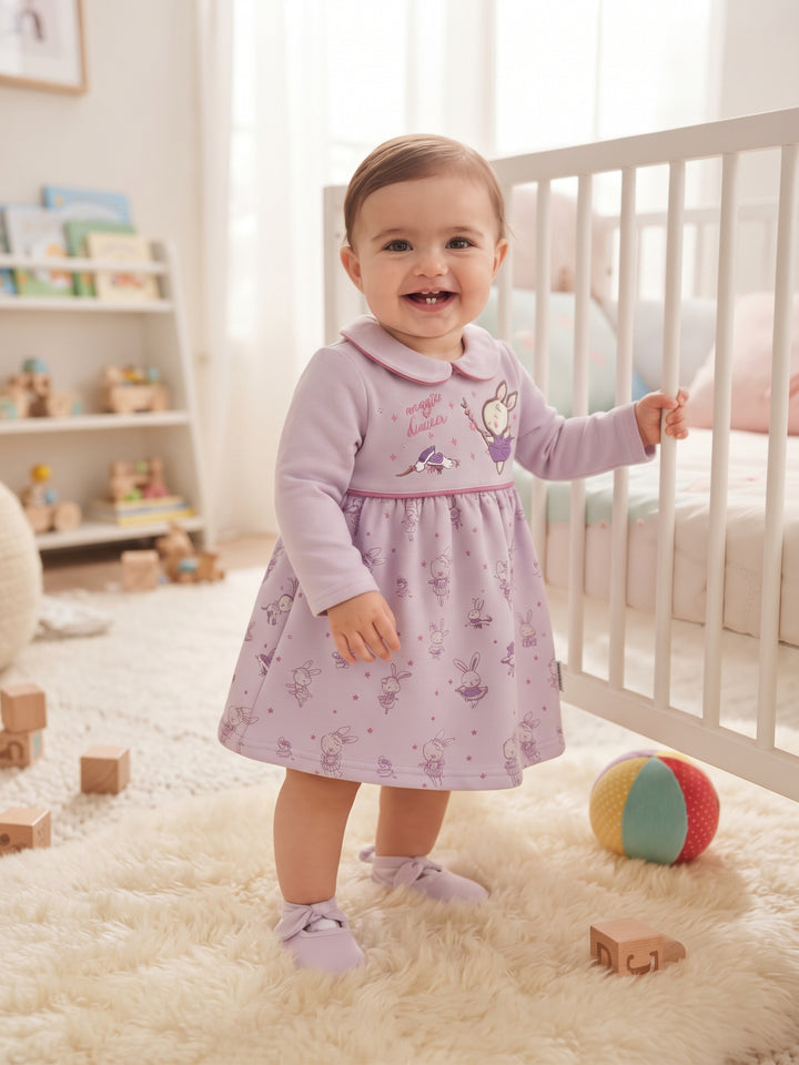 Adorable Embroidered Bunny Long-Sleeve Dress for Baby Girls