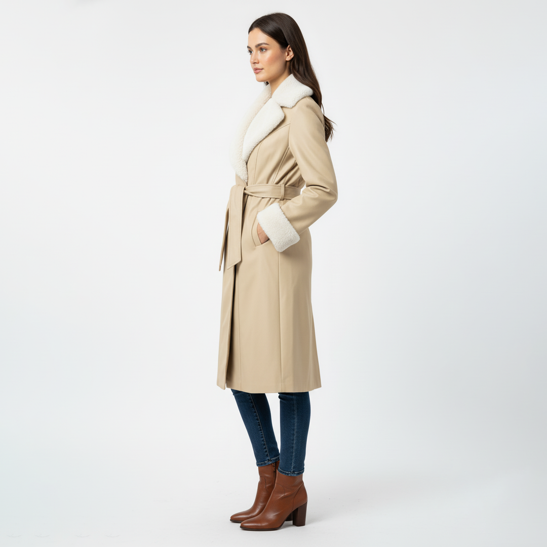 Faux Leather and Shearling Trim Coat