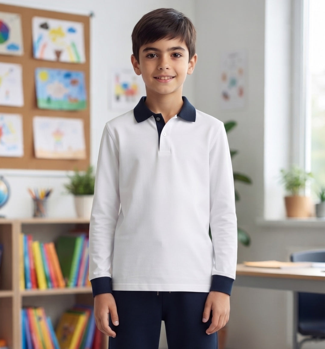 100% Cotton White Long-Sleeve Polo Shirt with Navy Blue Collar