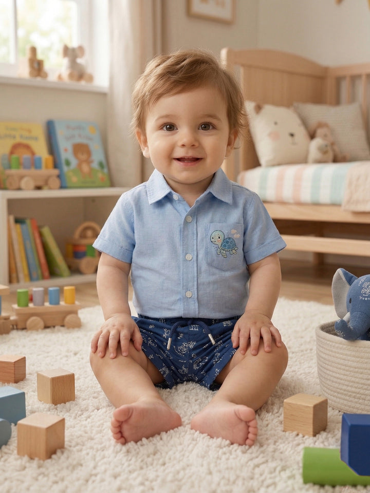 Toddler Boy’s "Sea Friend" Linen-Blend Set