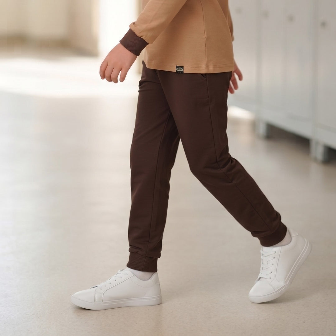 100% Cotton Dark Brown Jogger Pants with Ribbed Cuffs