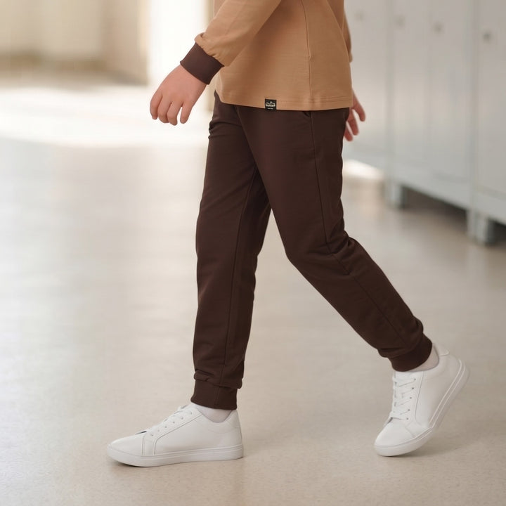 100% Cotton Dark Brown Jogger Pants with Ribbed Cuffs