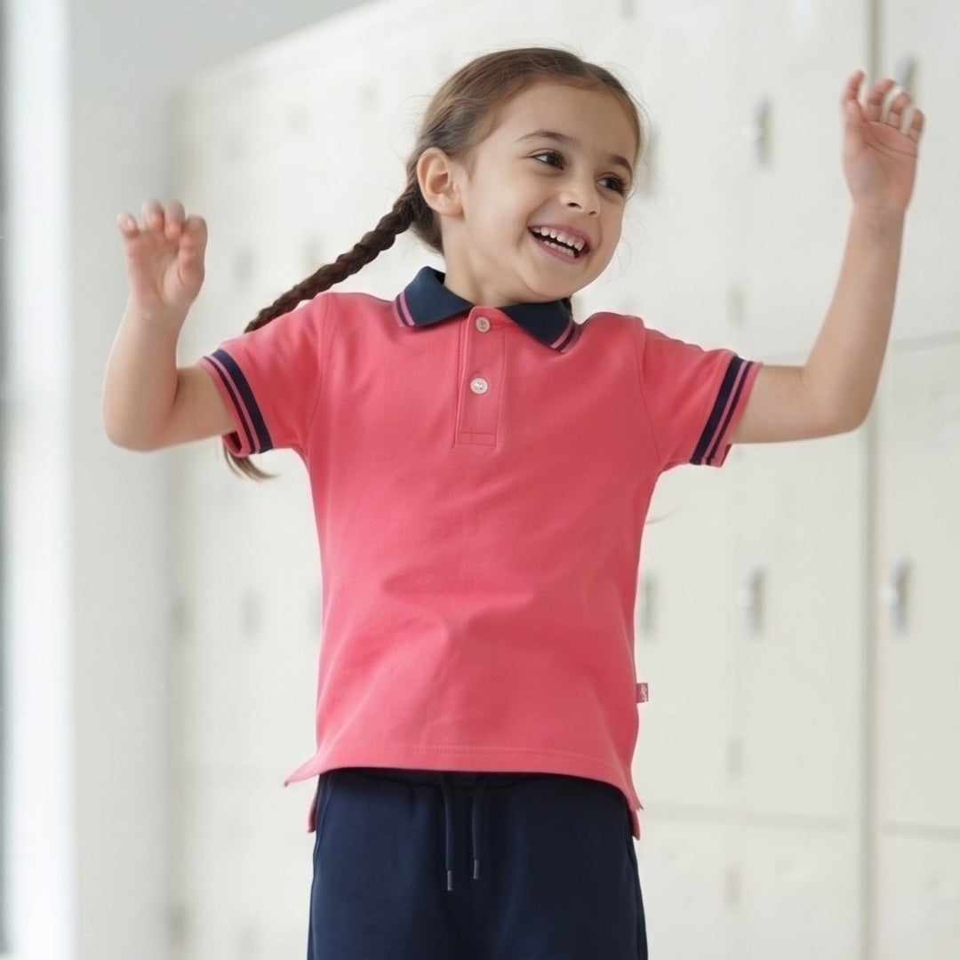 100% Cotton Coral Pink Short-Sleeve Polo Shirt with Navy Blue Collar
