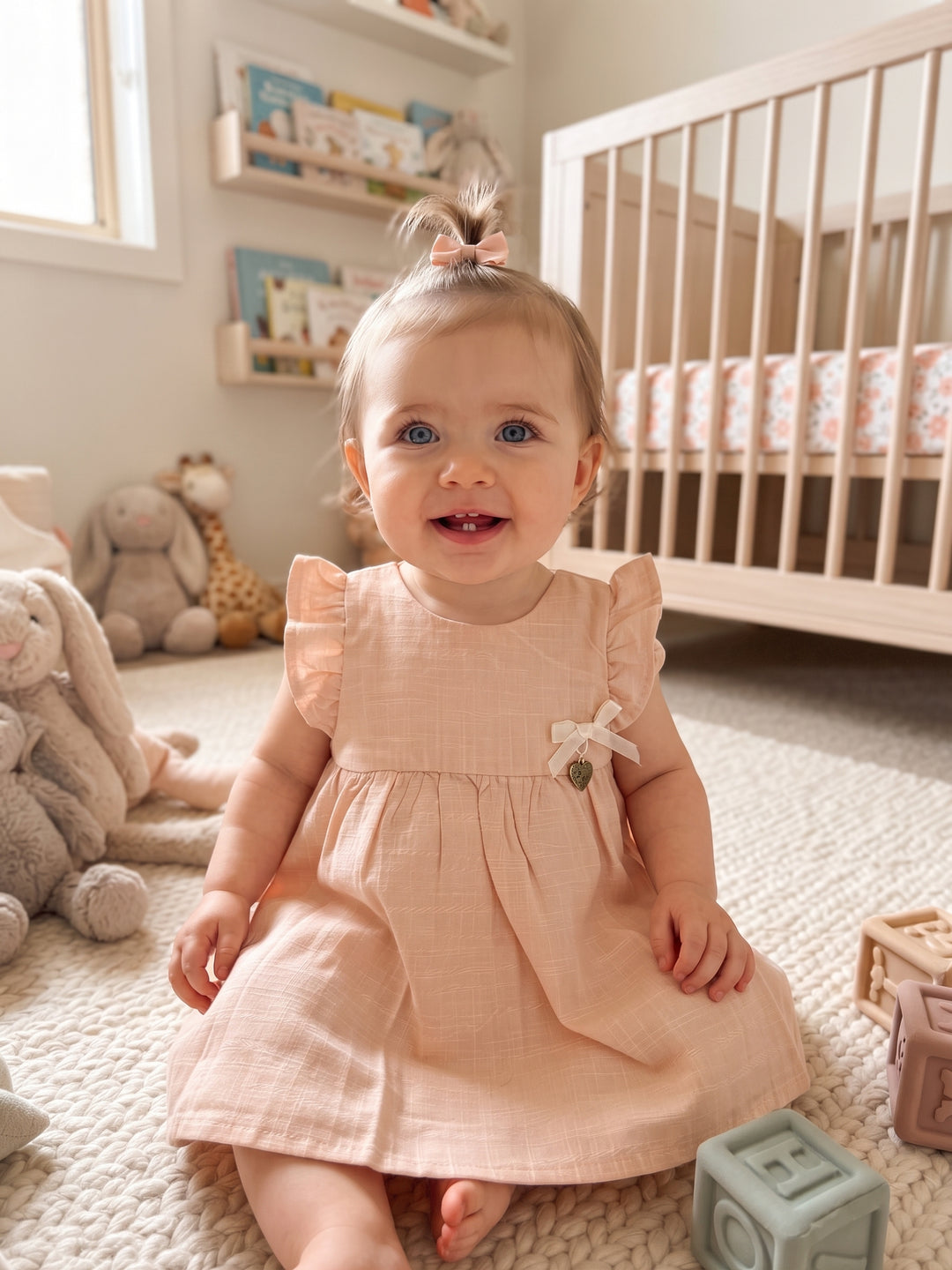 Baby Girl Linen-Blend Flutter Sleeve Dress with Ribbon Bow