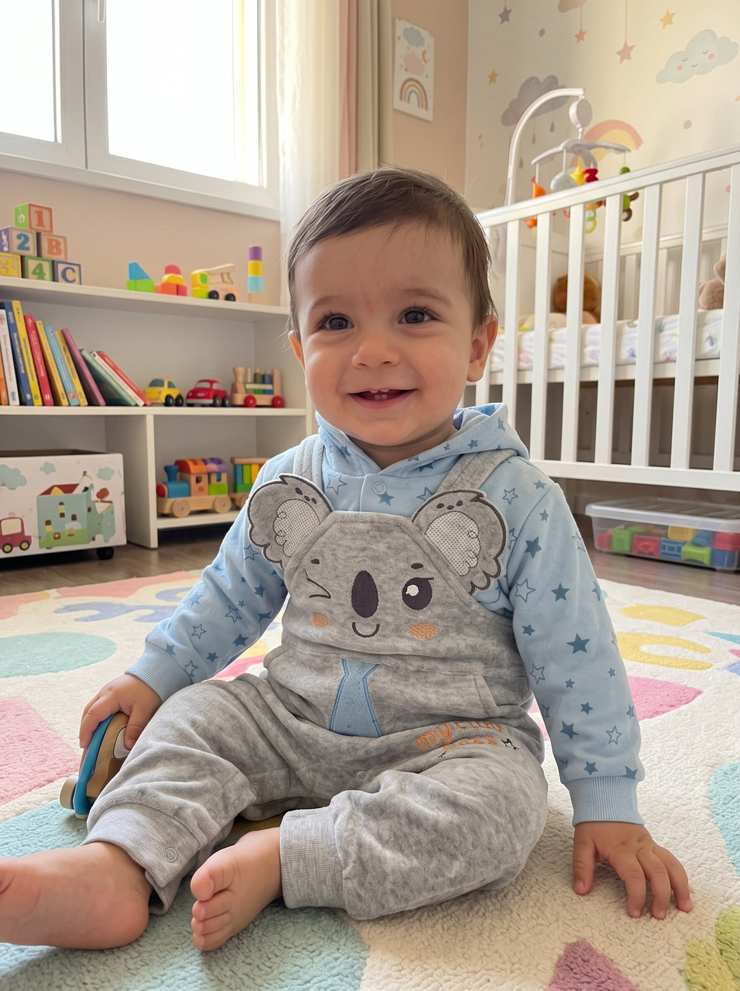 Cute Koala Plush Overalls & Star Hoodie Set