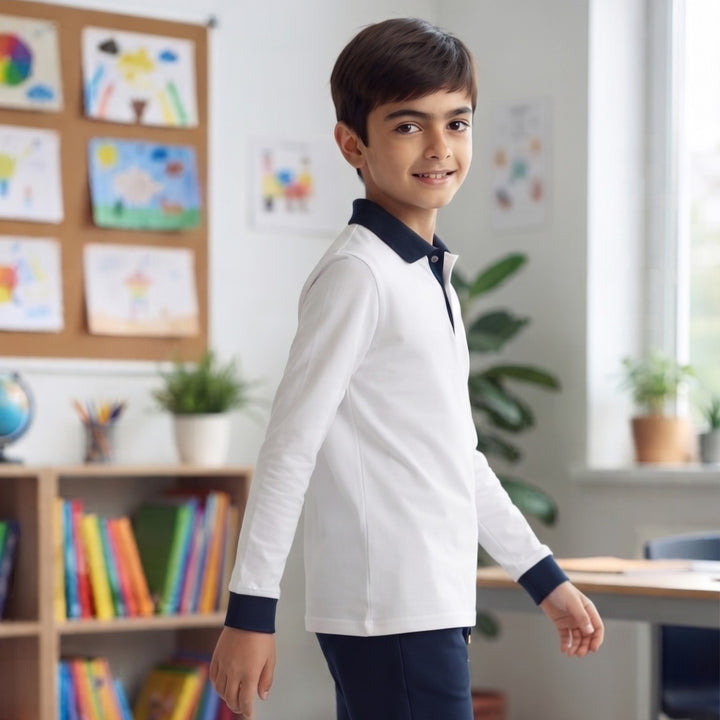 100% Cotton White Long-Sleeve Polo Shirt with Navy Blue Collar