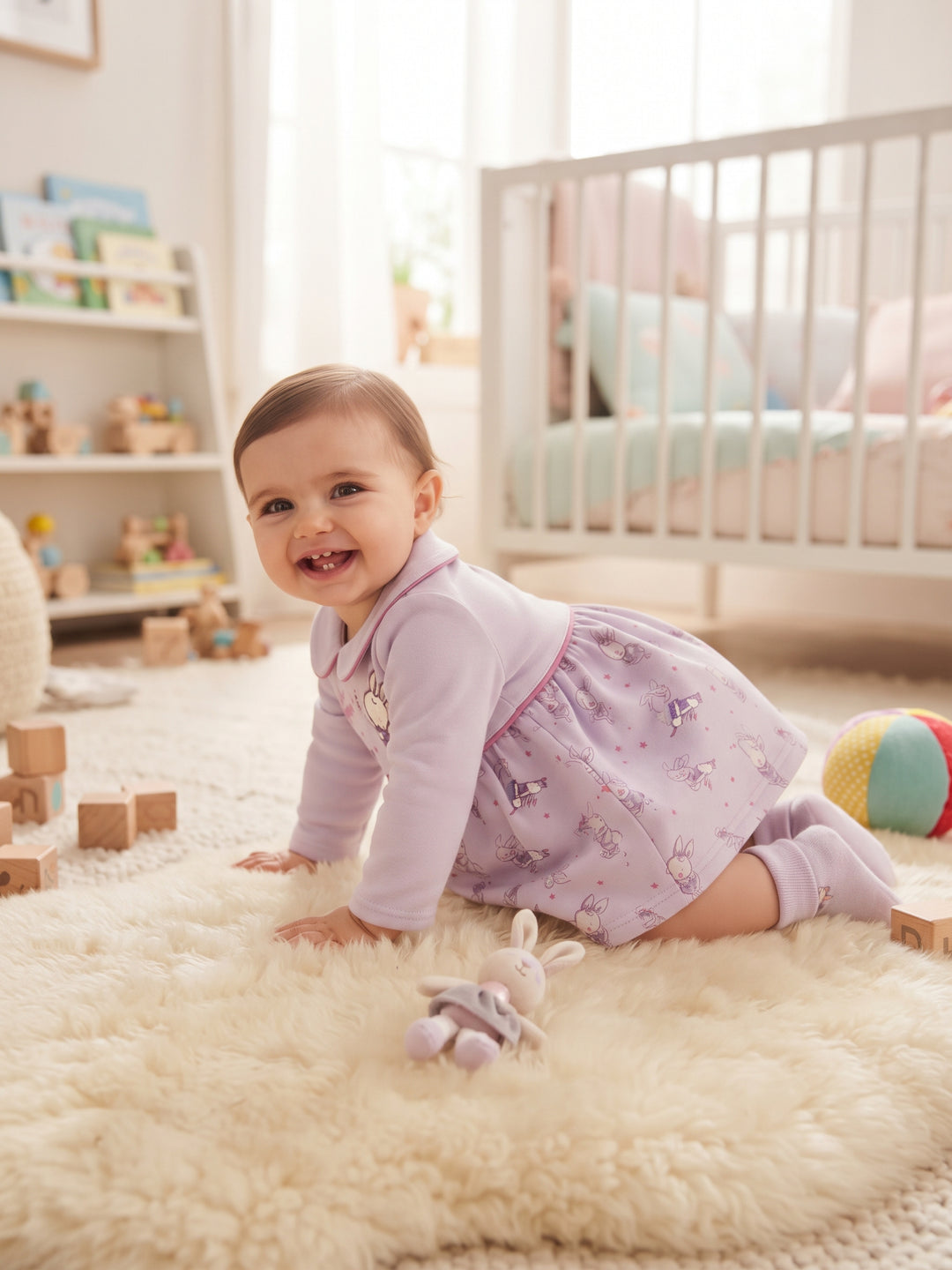 Adorable Embroidered Bunny Long-Sleeve Dress for Baby Girls
