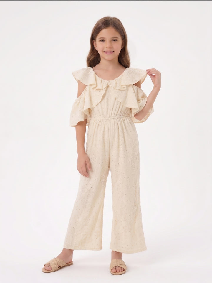 Girls' Cold-Shoulder Ruffle Jumpsuit with Sequins