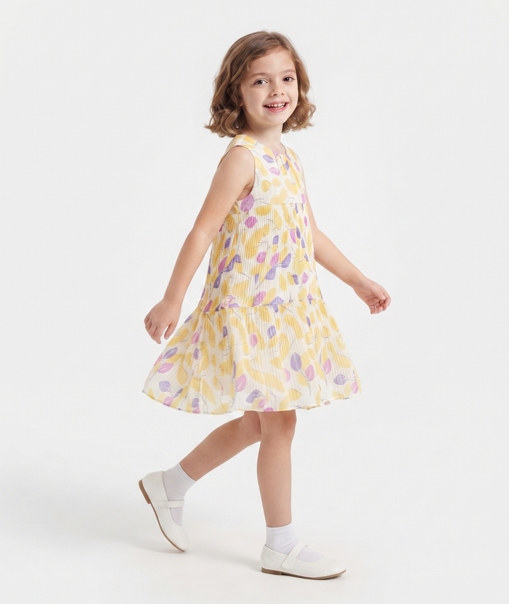 Sleeveless Yellow and Purple Abstract Print Dress