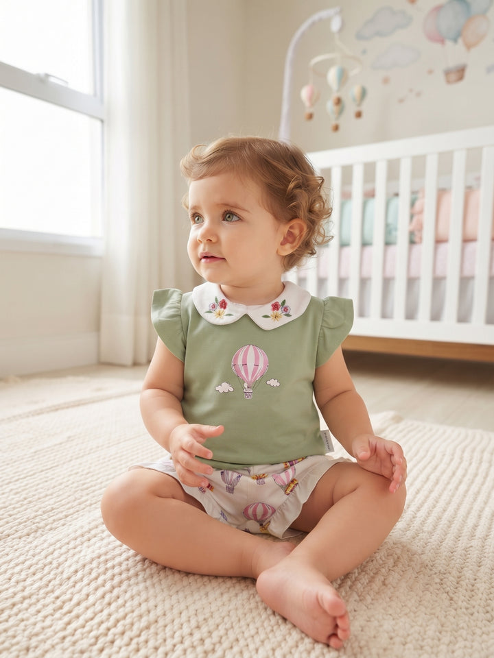 Hot Air Balloon Print Short Set with Floral Embroidered Peter Pan Collar