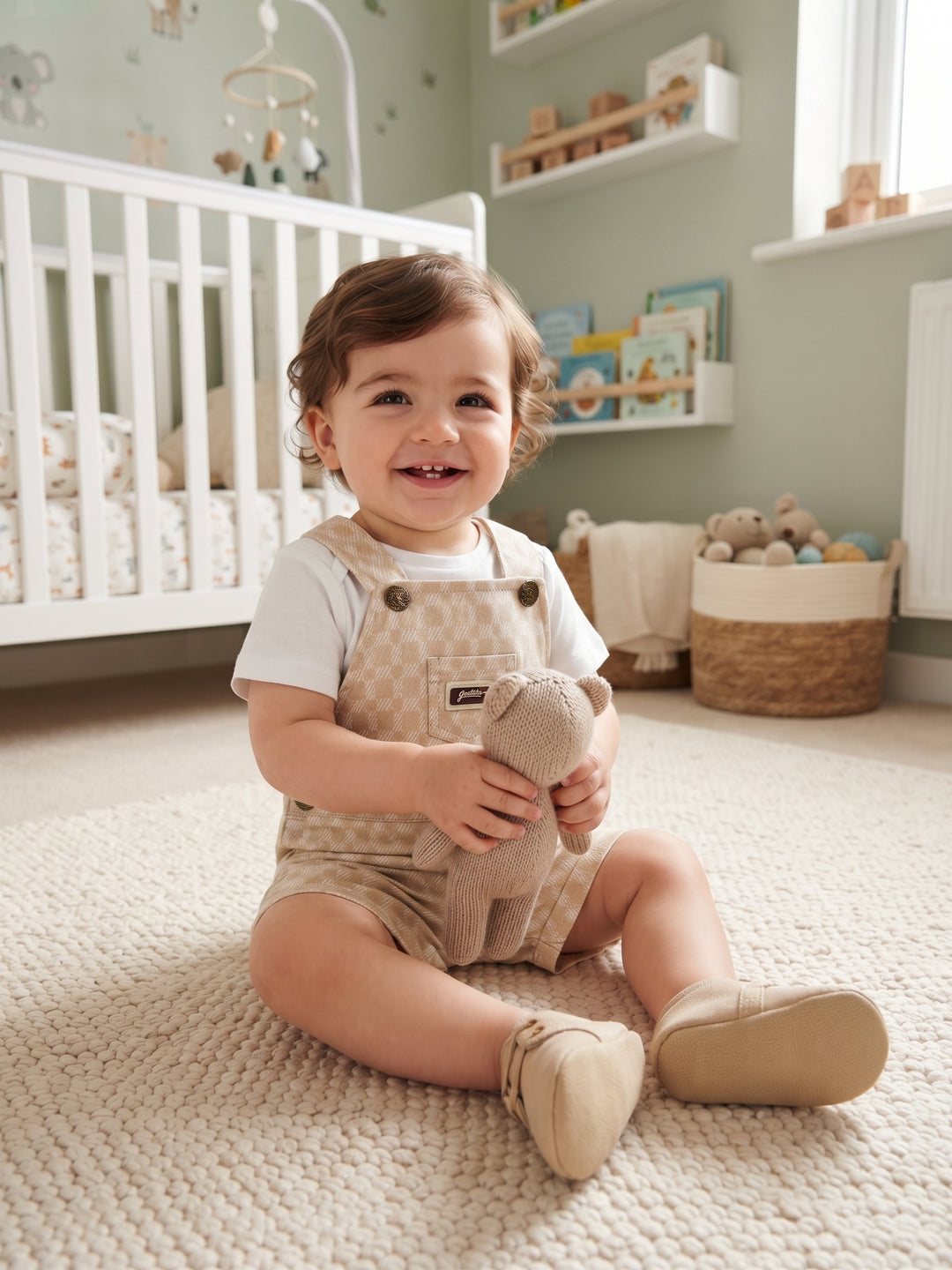 Classic Beige Geometric Print Dungaree Shorts with Solid White T-Shirt Set