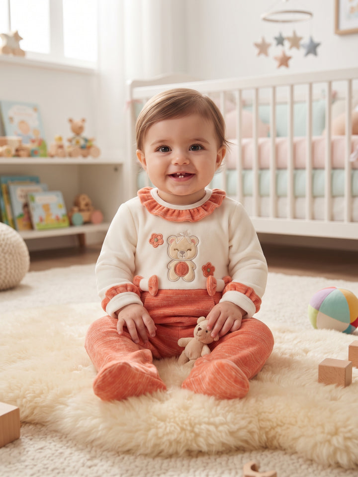 Cozy Ruffle Collar Bear Embroidered Baby Footed Sleepsuit