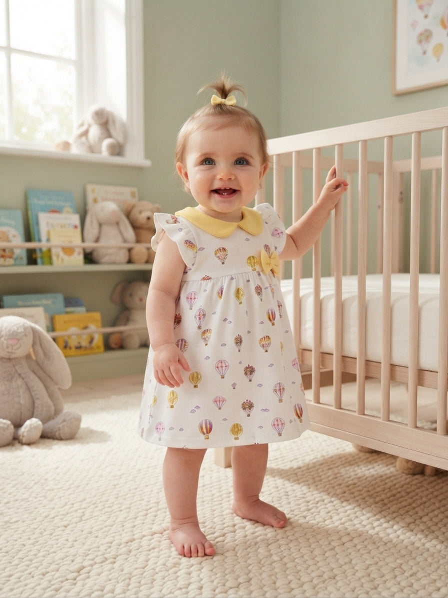 Flutter Sleeve Hot Air Balloon Print Baby A-Line Dress with Bow Accent