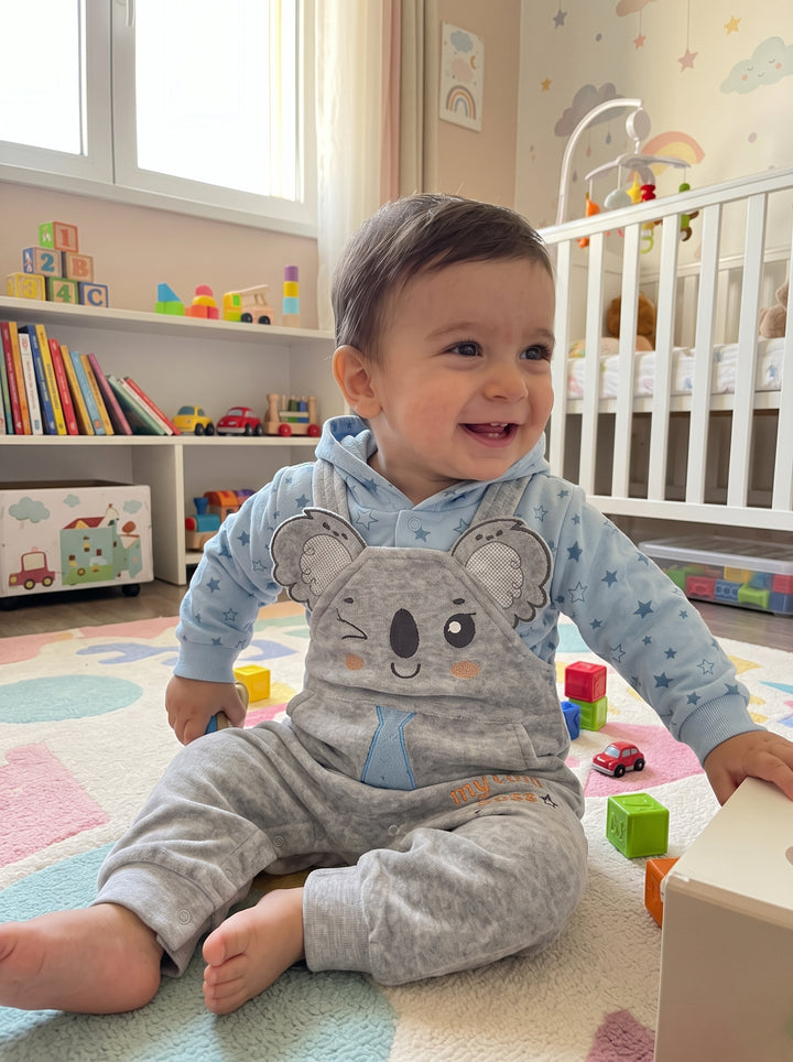 Cute Koala Plush Overalls & Star Hoodie Set
