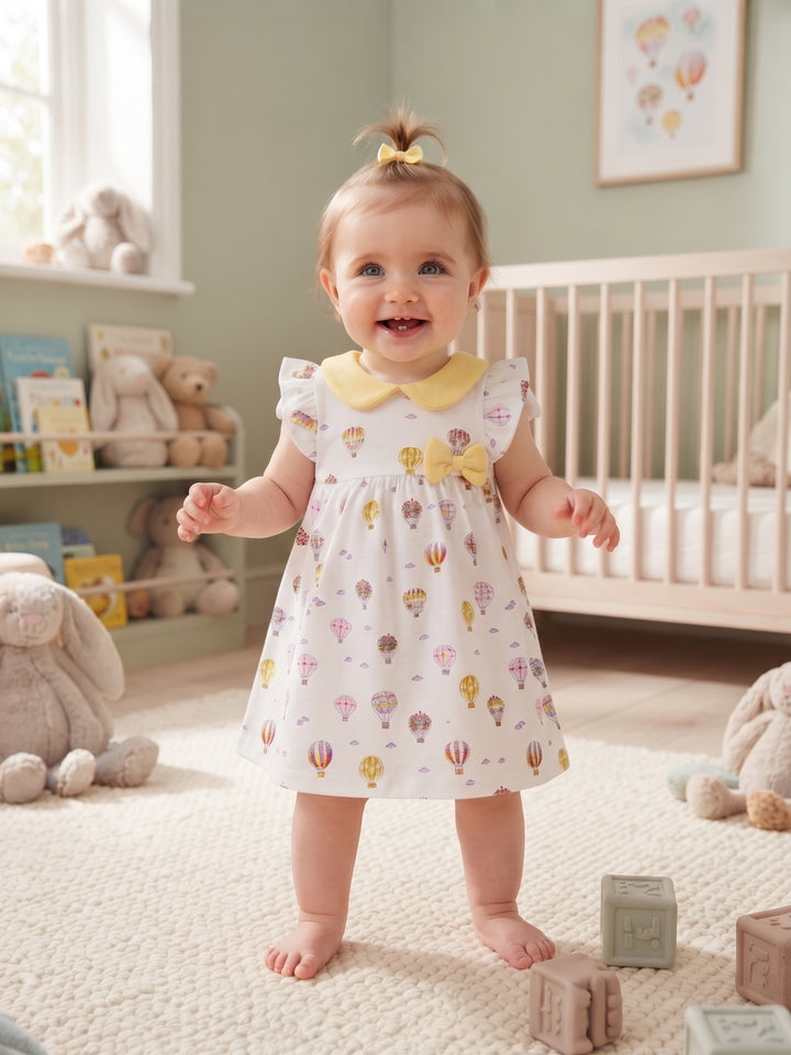 Flutter Sleeve Hot Air Balloon Print Baby A-Line Dress with Bow Accent