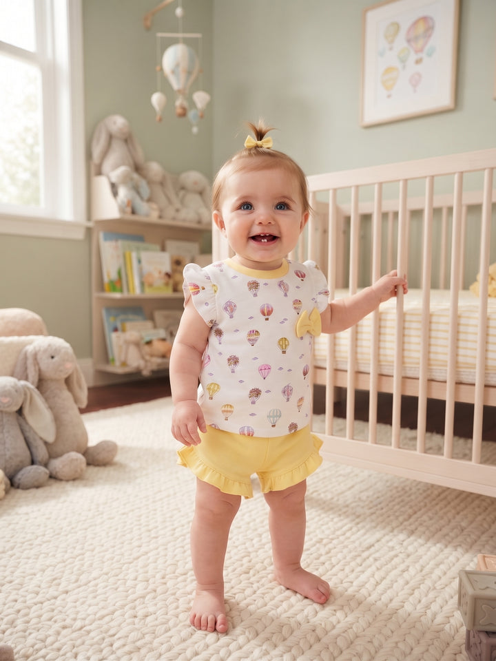 Baby Girl Hot Air Balloon Flutter Top & Ruffled Shorts 2-Piece Set