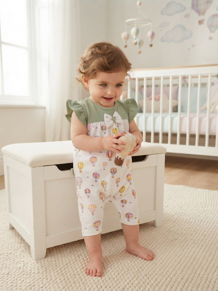 Baby Girl Flutter Sleeve Hot Air Balloon Print Romper with Bow Accent