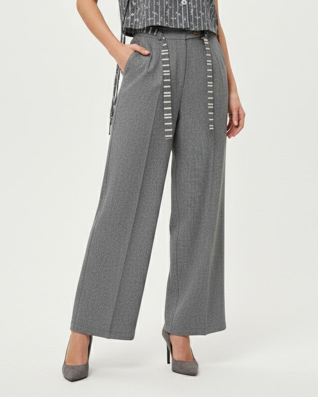 High-Waisted Wide-Leg Pleated Trousers with Striped Belt Detail