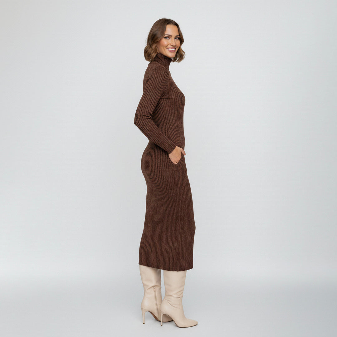 Ribbed Knit Turtleneck Midi Dress